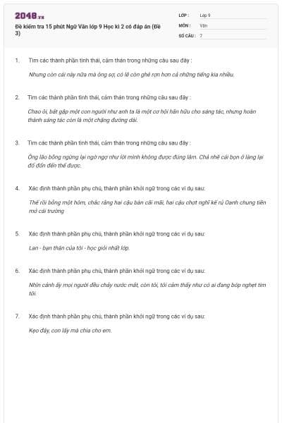 Đề kiểm tra 15 phút Ngữ Văn lớp 9 Học kì 2 có đáp án (Đề 3)