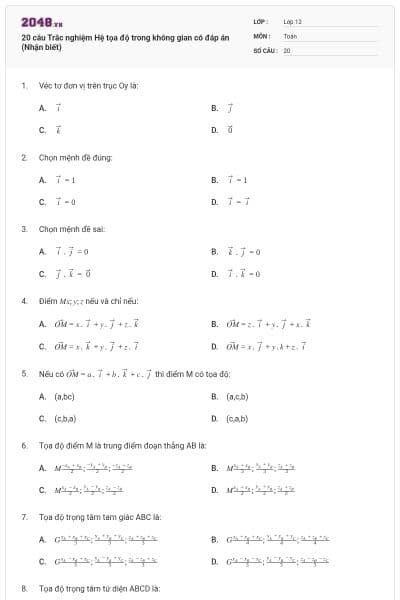 20 câu Trắc nghiệm Hệ tọa độ trong không gian có đáp án (Nhận biết)