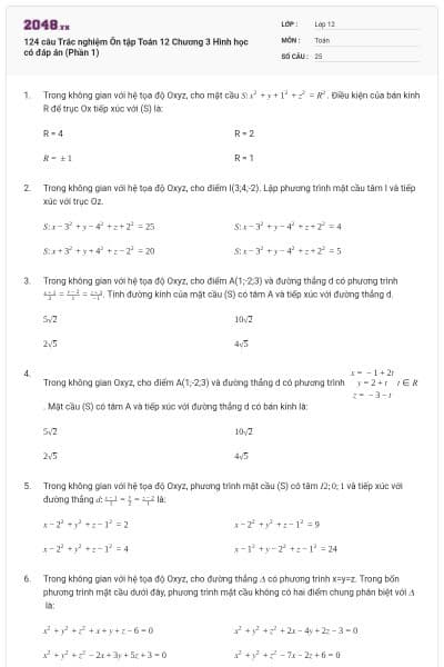 124 câu Trắc nghiệm Ôn tập Toán 12 Chương 3 Hình học có đáp án (Phần 1)
