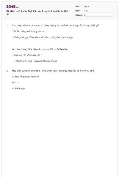 Đề kiểm tra 15 phút Ngữ Văn lớp 9 Học kì 2 có đáp án (Đề 4)