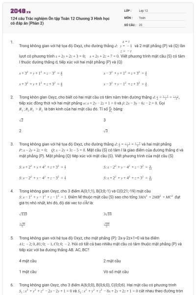 124 câu Trắc nghiệm Ôn tập Toán 12 Chương 3 Hình học có đáp án (Phần 2)