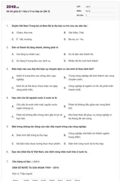 Đề thi giữa kì 1 Địa Lí 9 có đáp án (Đề 3)