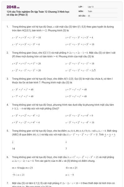 124 câu Trắc nghiệm Ôn tập Toán 12 Chương 3 Hình học có đáp án (Phần 3)