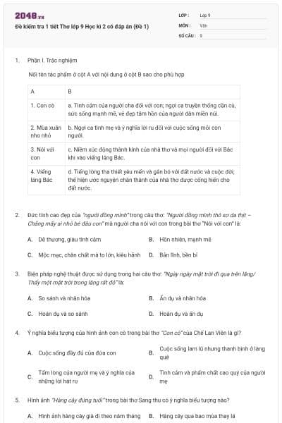 Đề kiểm tra 1 tiết Thơ lớp 9 Học kì 2 có đáp án (Đề 1)