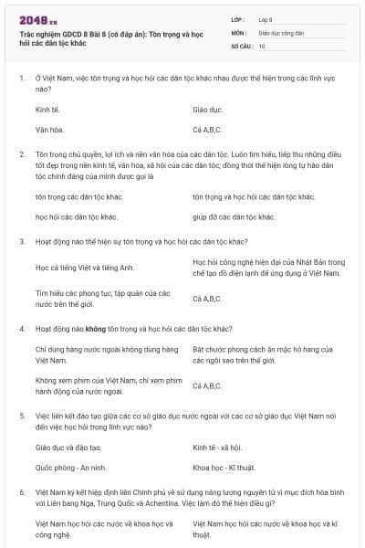 Trắc nghiệm GDCD 8 Bài 8 (có đáp án): Tôn trọng và học hỏi các dân tộc khác