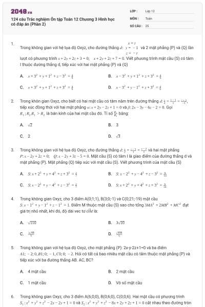 124 câu Trắc nghiệm Ôn tập Toán 12 Chương 3 Hình học có đáp án (Phần 2)