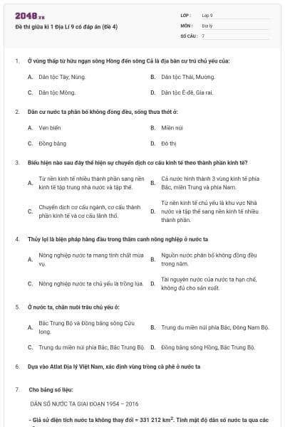 Đề thi giữa kì 1 Địa Lí 9 có đáp án (Đề 4)
