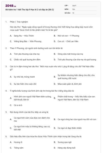 Đề kiểm tra 1 tiết Thơ lớp 9 Học kì 2 có đáp án (Đề 2)