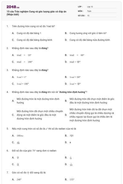 15 câu Trắc nghiệm Cung và góc lượng giác có đáp án (Nhận biết)
