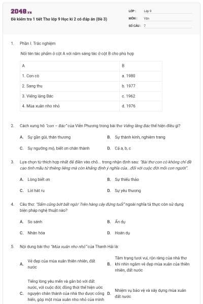 Đề kiểm tra 1 tiết Thơ lớp 9 Học kì 2 có đáp án (Đề 3)