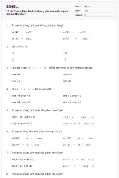 15 câu Trắc nghiệm Giá trị có lượng giác của một cung có đáp án (Nhận biết)