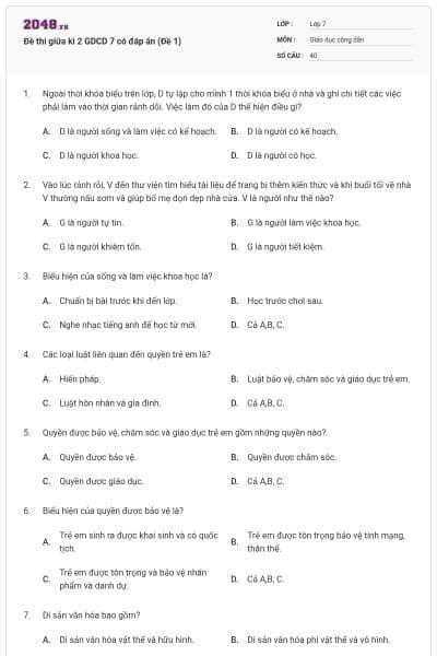Đề thi giữa kì 2 GDCD 7 có đáp án (Đề 1)