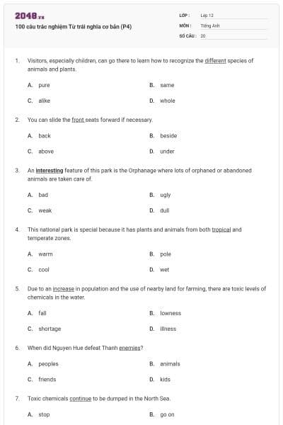 100 câu trắc nghiệm Từ trái nghĩa cơ bản (P4)