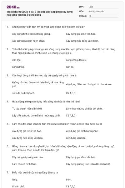 Trắc nghiệm GDCD 8 Bài 9 (có đáp án): Góp phần xây dựng nếp sống văn hóa ở cộng đồng