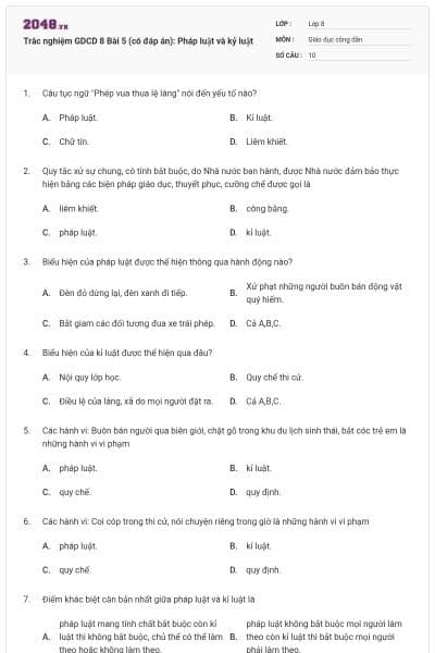 Trắc nghiệm GDCD 8 Bài 5 (có đáp án): Pháp luật và kỷ luật