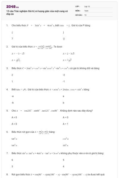 13 câu Trắc nghiệm Giá trị có lượng giác của một cung có đáp án