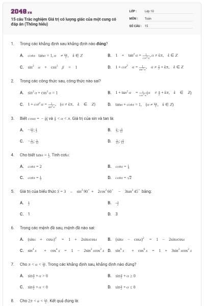 15 câu Trắc nghiệm Giá trị có lượng giác của một cung có đáp án (Thông hiểu)