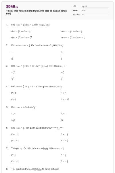 10 câu  Trắc nghiệm Công thức lượng giác có đáp án (Nhận biết)
