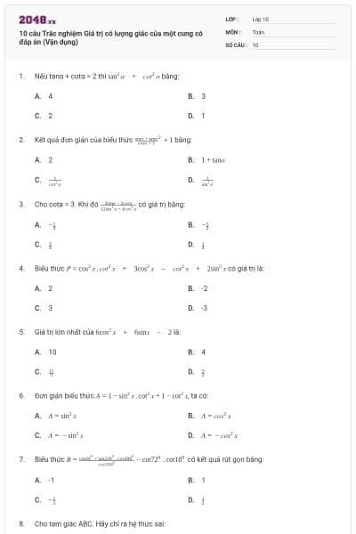 10 câu Trắc nghiệm Giá trị có lượng giác của một cung có đáp án (Vận dụng)