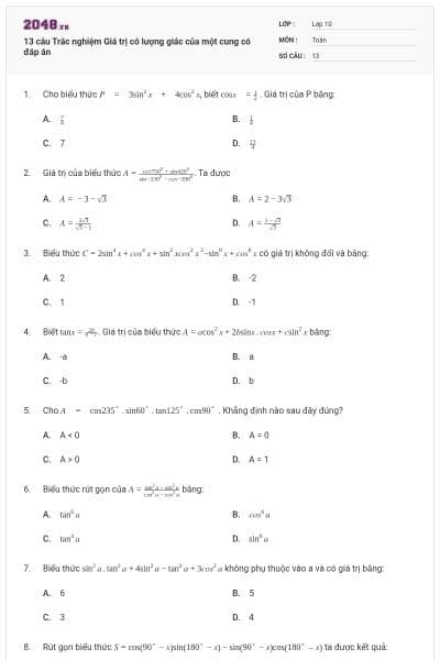 13 câu Trắc nghiệm Giá trị có lượng giác của một cung có đáp án