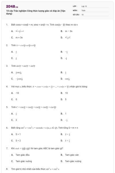 10 câu Trắc nghiệm Công thức lượng giác có đáp án (Vận dụng)