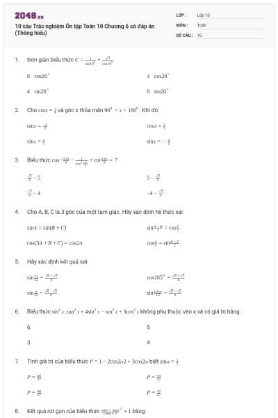 10 câu Trắc nghiệm Ôn tập Toán 10 Chương 6 có đáp án (Thông hiểu)