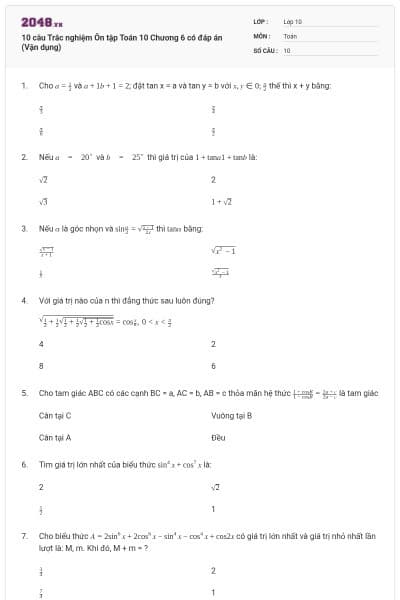 10 câu Trắc nghiệm Ôn tập Toán 10 Chương 6 có đáp án (Vận dụng)