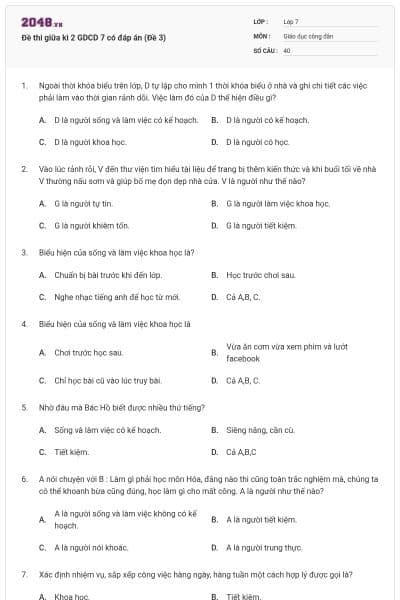 Đề thi giữa kì 2 GDCD 7 có đáp án (Đề 3)