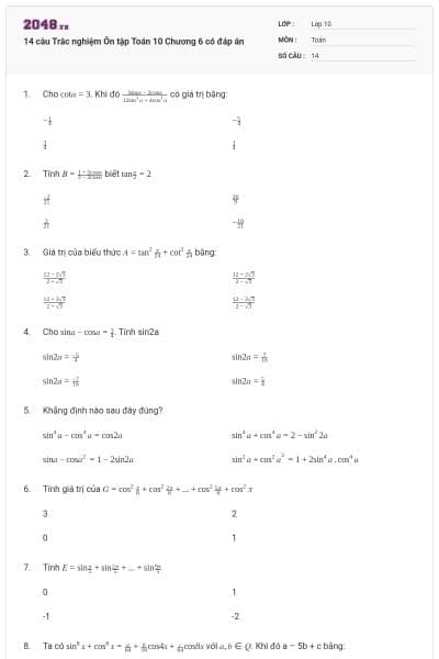 14 câu  Trắc nghiệm Ôn tập Toán 10 Chương 6 có đáp án