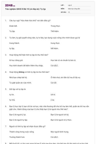 Trắc nghiệm GDCD 8 Bài 10 (có đáp án): Tự lập