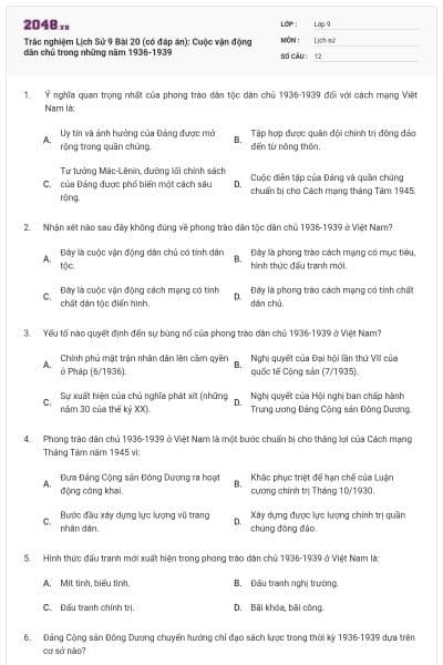 Trắc nghiệm Lịch Sử 9 Bài 20 (có đáp án): Cuộc vận động dân chủ trong những năm 1936-1939