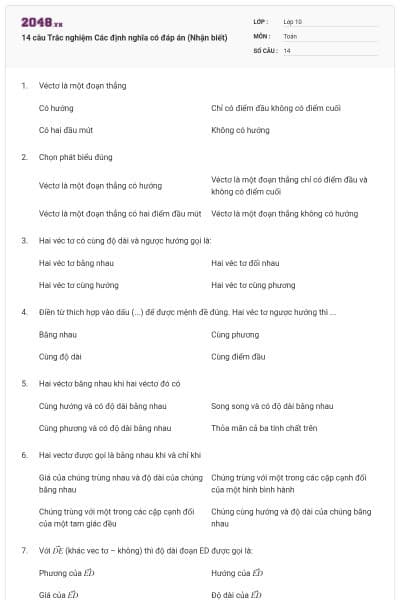 14 câu Trắc nghiệm Các định nghĩa có đáp án (Nhận biết)