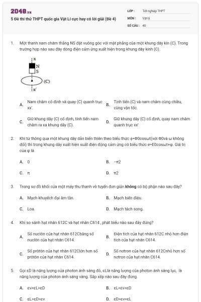 5 Đề thi thử THPT quốc gia Vật Lí cực hay có lời giải (Đề 4)