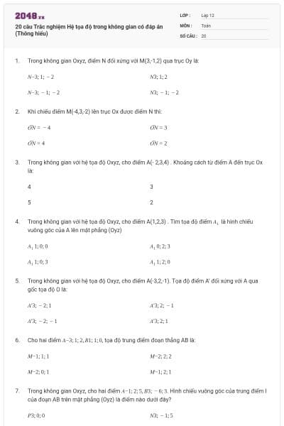 20 câu Trắc nghiệm Hệ tọa độ trong không gian có đáp án (Thông hiểu)