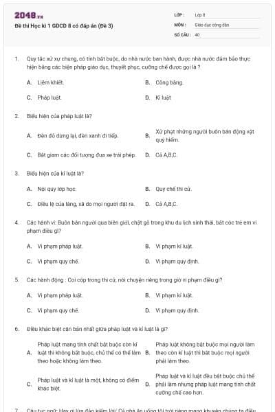 Đề thi Học kì 1 GDCD 8 có đáp án (Đề 3)
