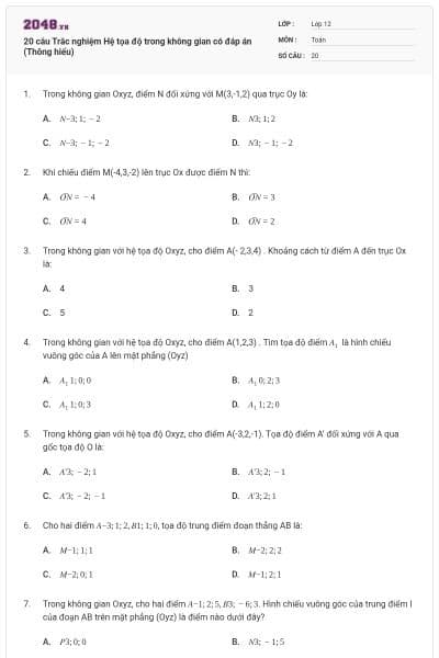 20 câu Trắc nghiệm Hệ tọa độ trong không gian có đáp án (Thông hiểu)