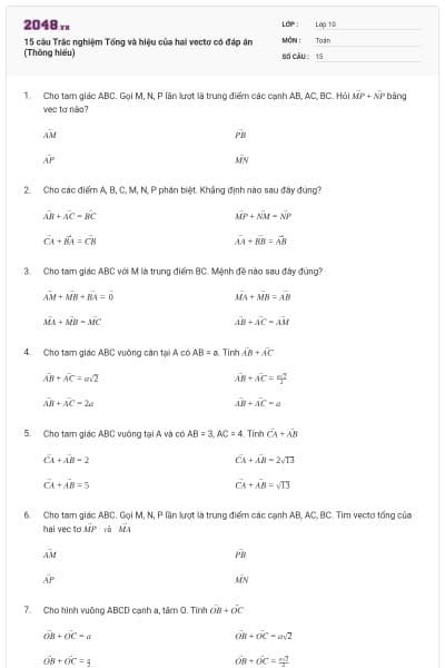15 câu Trắc nghiệm Tổng và hiệu của hai vectơ có đáp án (Thông hiểu)