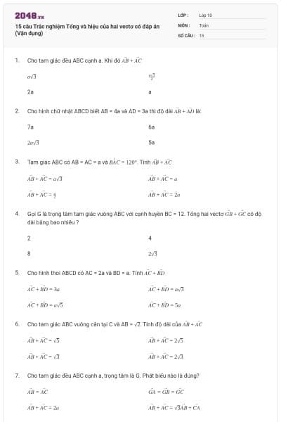 15 câu Trắc nghiệm Tổng và hiệu của hai vectơ có đáp án (Vận dụng)