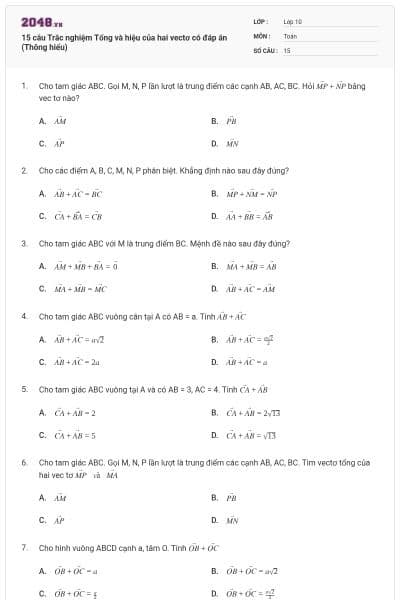 15 câu Trắc nghiệm Tổng và hiệu của hai vectơ có đáp án (Thông hiểu)