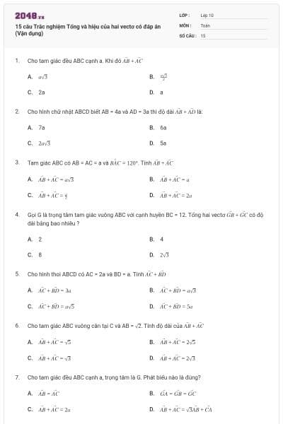 15 câu Trắc nghiệm Tổng và hiệu của hai vectơ có đáp án (Vận dụng)