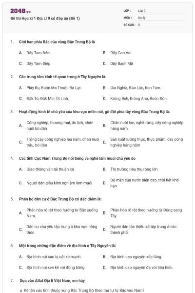 Đề thi Học kì 1 Địa Lí 9 có đáp án (Đề 1)