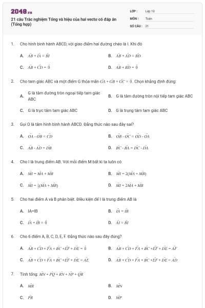 21 câu Trắc nghiệm Tổng và hiệu của hai vectơ có đáp án (Tổng hợp)