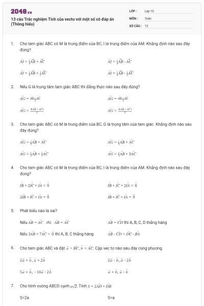 13 câu Trắc nghiệm Tích của vectơ với một số có đáp án (Thông hiểu)