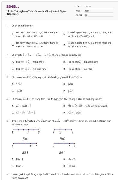 11 câu Trắc nghiệm Tích của vectơ với một số có đáp án (Nhận biết)