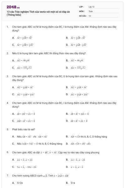 13 câu Trắc nghiệm Tích của vectơ với một số có đáp án (Thông hiểu)