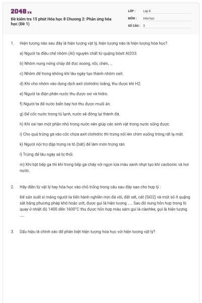 Đề kiểm tra 15 phút Hóa học 8 Chương 2: Phản ứng hóa học (Đề 1)