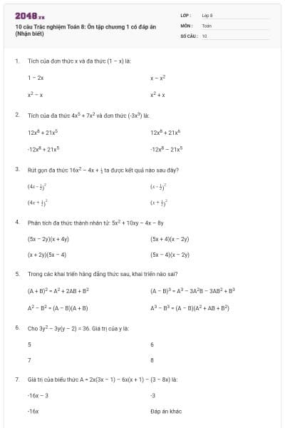 10 câu Trắc nghiệm Toán 8: Ôn tập chương 1 có đáp án (Nhận biết)