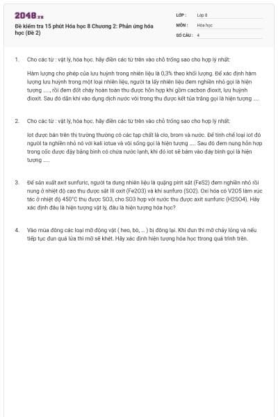 Đề kiểm tra 15 phút Hóa học 8 Chương 2: Phản ứng hóa học (Đề 2)