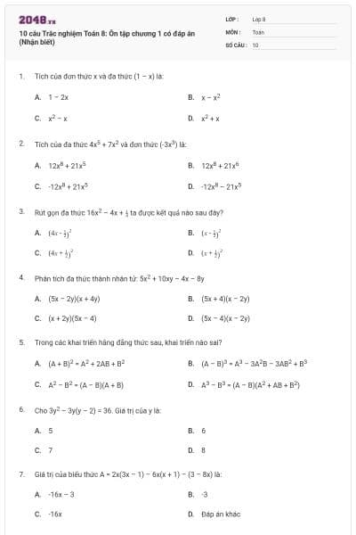 10 câu Trắc nghiệm Toán 8: Ôn tập chương 1 có đáp án (Nhận biết)