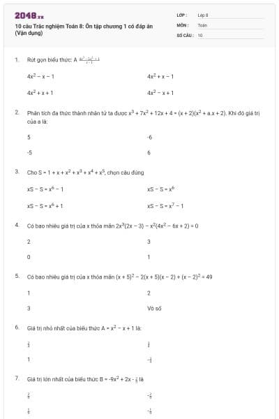 10 câu Trắc nghiệm Toán 8: Ôn tập chương 1 có đáp án (Vận dụng)